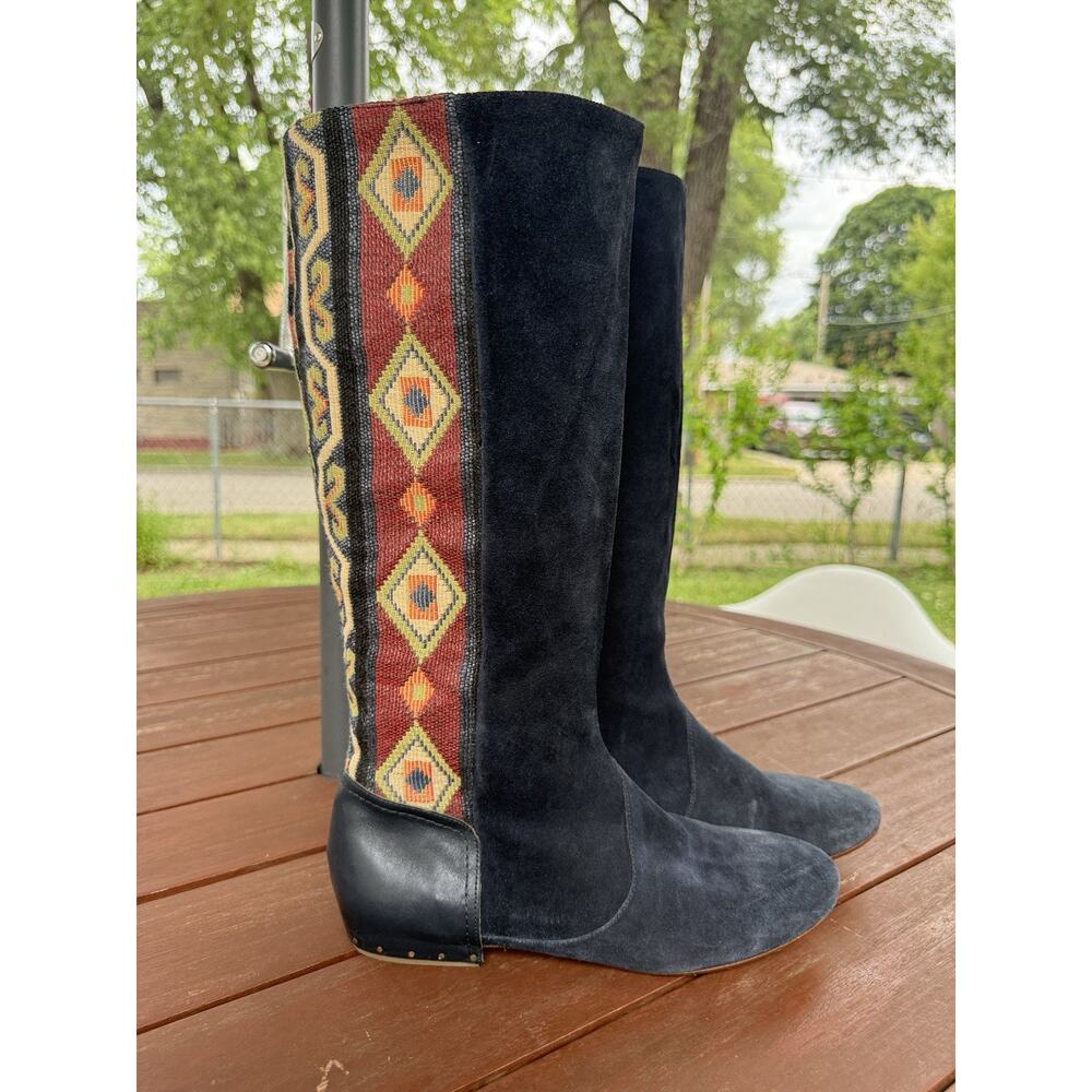 Sigerson Morrison Boho Suede Knee High Boots Size 8B Woven Kilim Tapestry Tall
